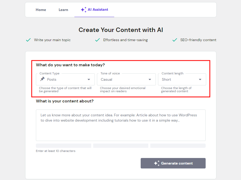 Interface d'Assistant IA d'Hostinger, avec les nouvelles fonctions d'ajustement du contenu mises en évidence