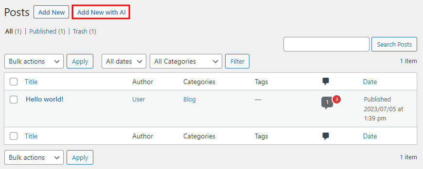 WordPress posts dashboard, with the Add New with AI button highlighted