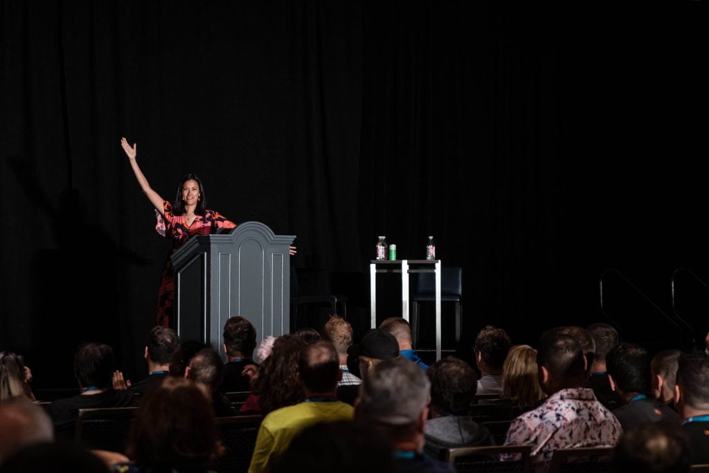 WordPress Executive Director Josepha Haden Chomphosy giving closing remarks on stage at WordCamp US 2023