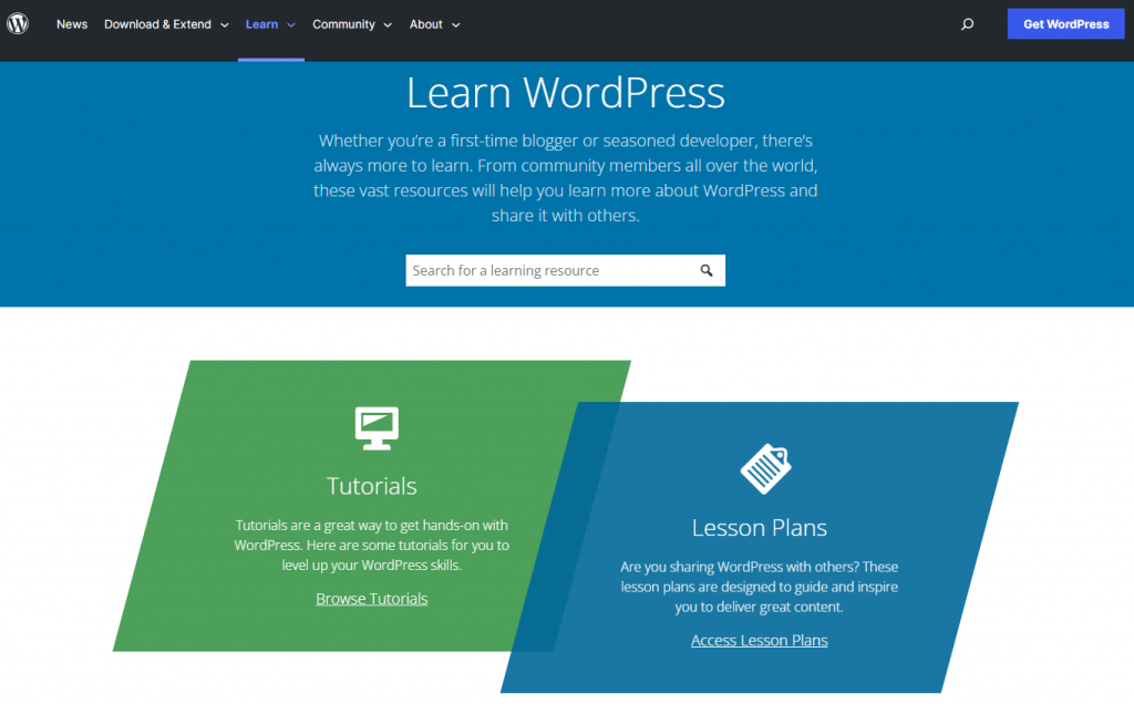 the homepage of Learn WordPress website