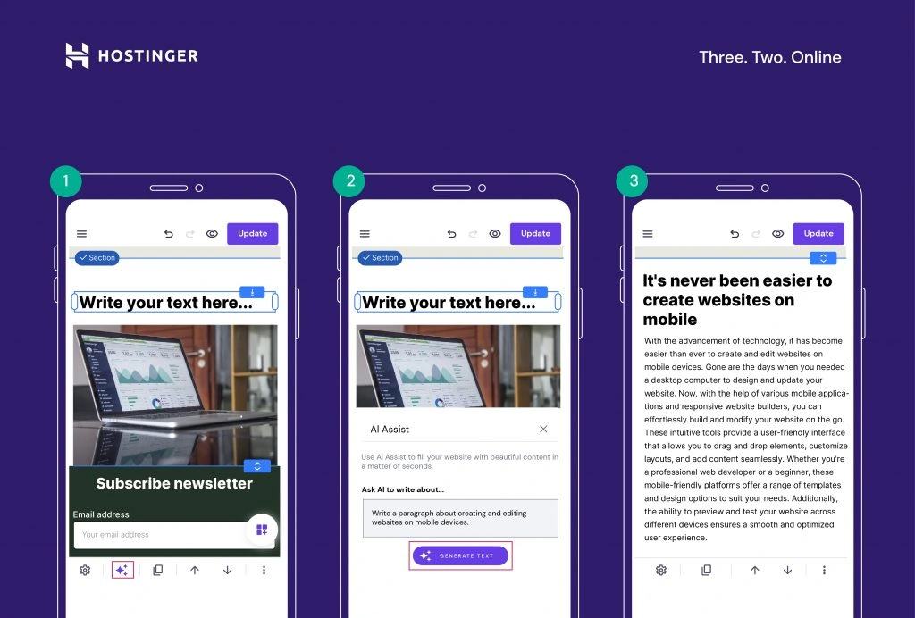 Hostinger Website Builder Mobile Editor AI Assist feature helps you generate SEO-friendly content. 