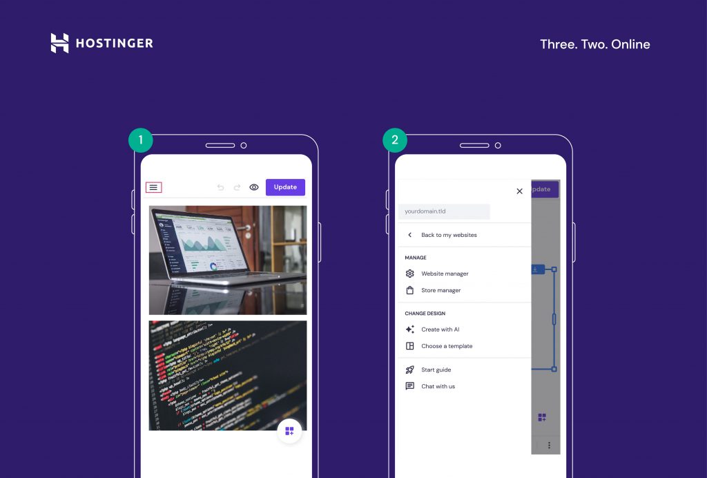 Hostinger Website Builder Mobile Editor's Sidebar Menu.
