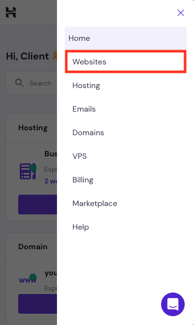 Hostinger mobile hPanel menu with Websites highlighted.