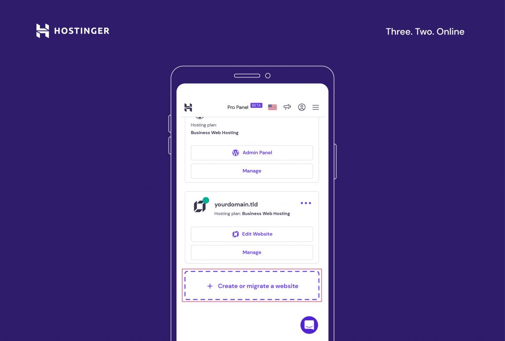 Hostinger mobile hPanel website menu with Create Or Migrate a Website highlighted.