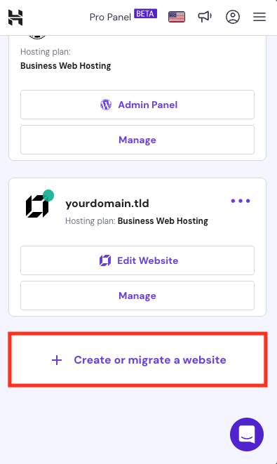 Hostinger mobile hPanel website menu with Create Or Migrate a Website highlighted.