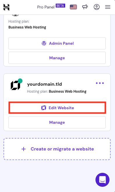 Hostinger mobile hPanel websites menu with Edit Website highlighted.