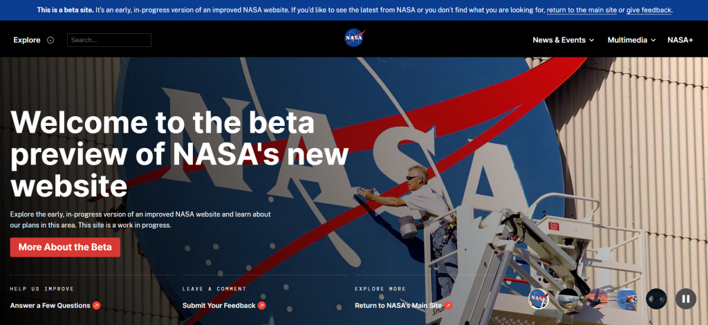 the homepage of NASA's new WordPress-based beta site