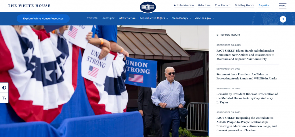 the homepage of the White House website