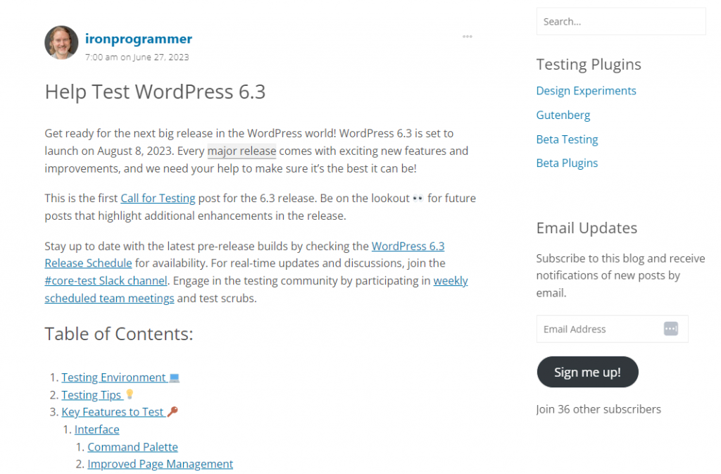 WordPress 6.3 Call for Testing post