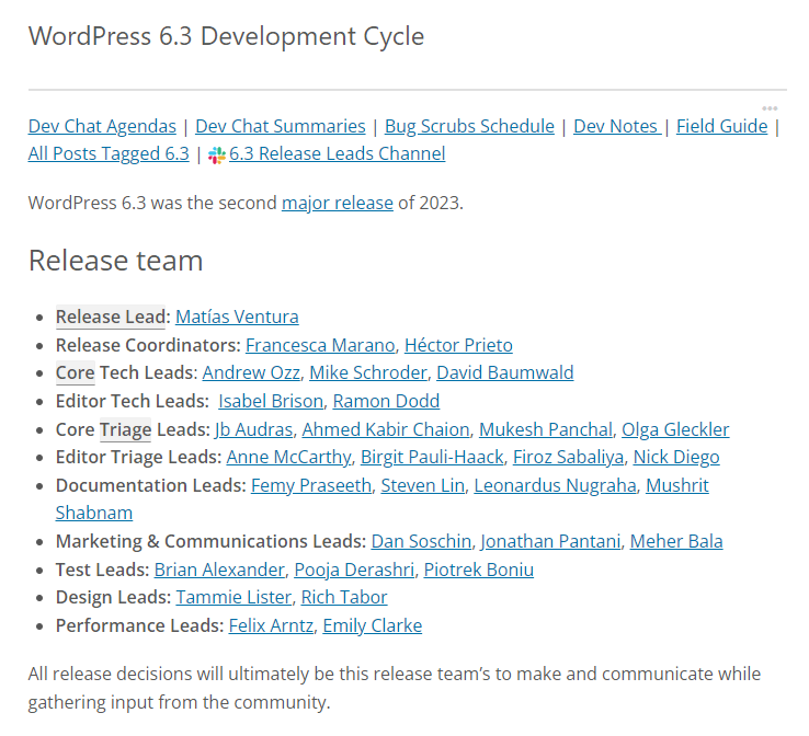 The list of WordPress 6.3 release team