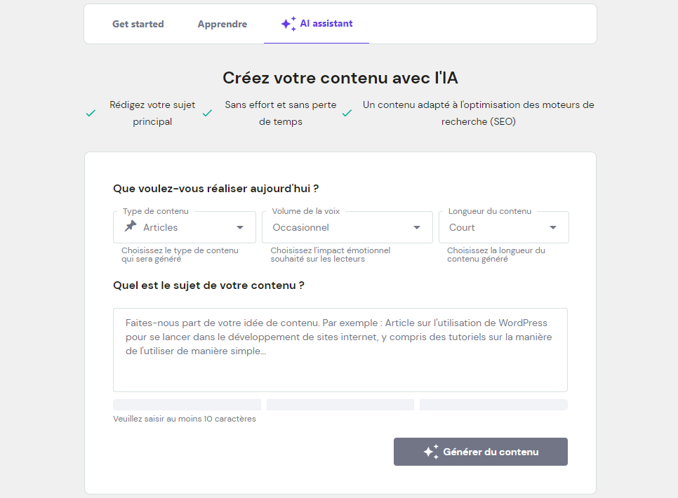 Hostinger WordPress AI Assistant interface in French