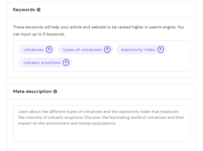 Keywords and meta description sections on Hostinger WordPress AI Assistant interface