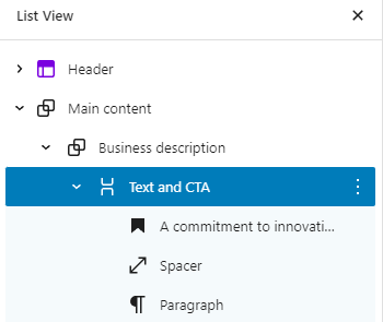 The list view panel with renamed group and stack blocks