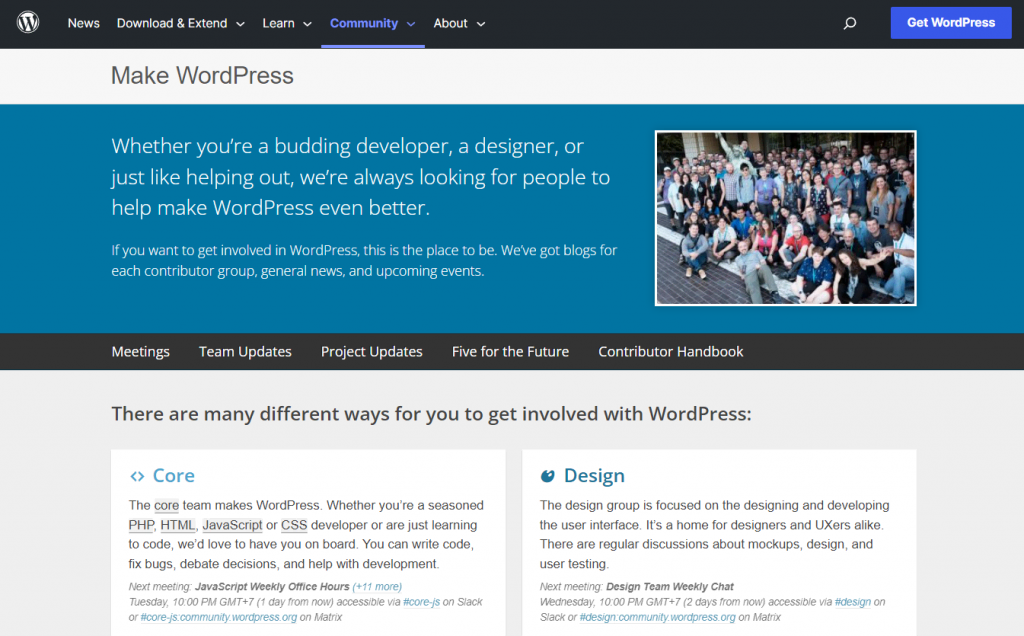 the homepage of Make WordPress website