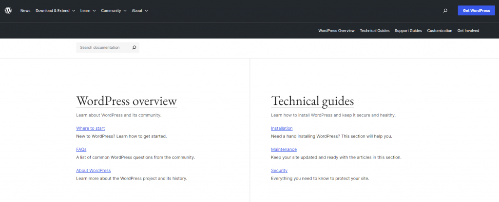 the homepage of WordPress Documentation website that shows user documentation