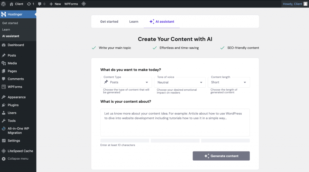 The updated Hostinger WordPress AI Assistant plugin.