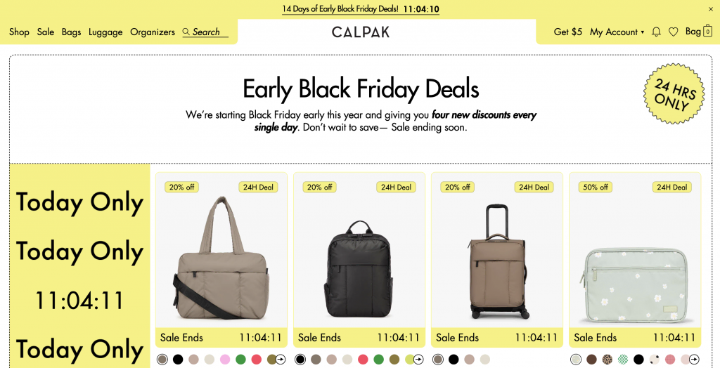 Calpak's Black Friday campaign that offers multiple deals in a day