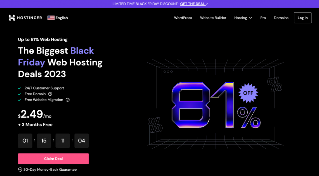 Página de inicio de Hostinger con su oferta del Black Friday