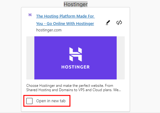 The "Open in new tab" toggle in the link preview pop-up