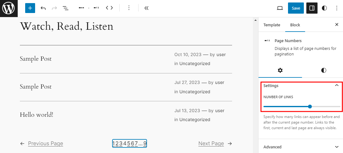 Number of links settings for the page numbers block