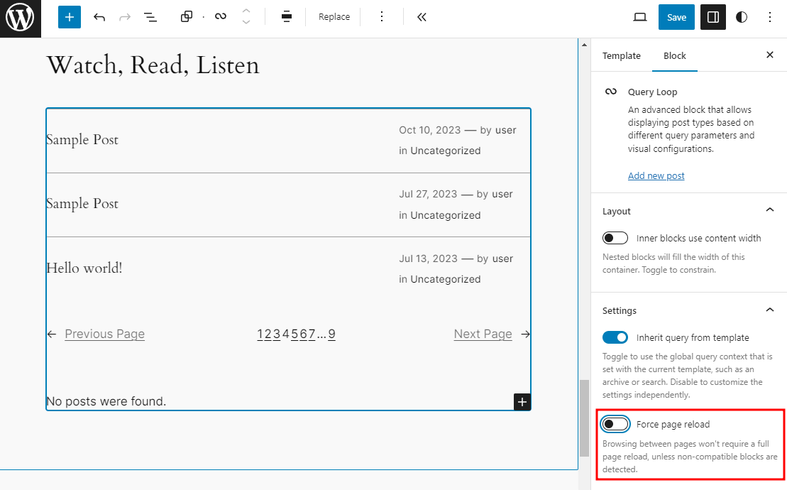 The force page reload toggle setting for the query loop block