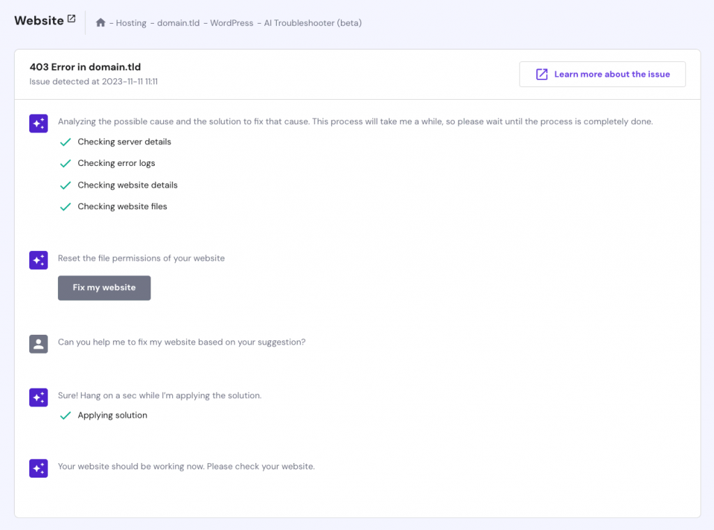 Hostinger WordPress AI Troubleshooter fixes a 403 error. 