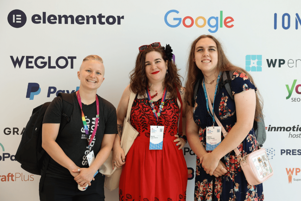 Anne McCarthy and Maggie Cabrera with a fellow WordPress contributor at a WordCamp