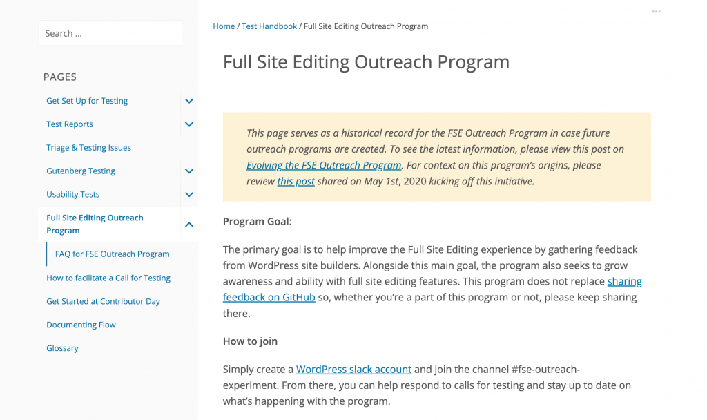 the full site editing outreach program handbook page in Make WordPress.org website
