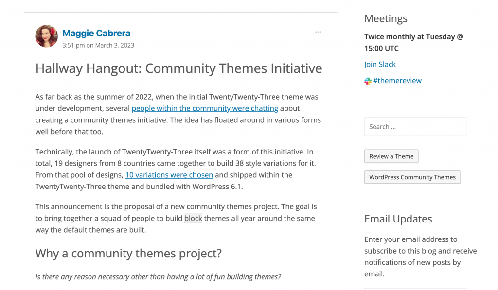 Maggie Cabrera's post on Make WordPress website that proposed for Community Theme Initiative