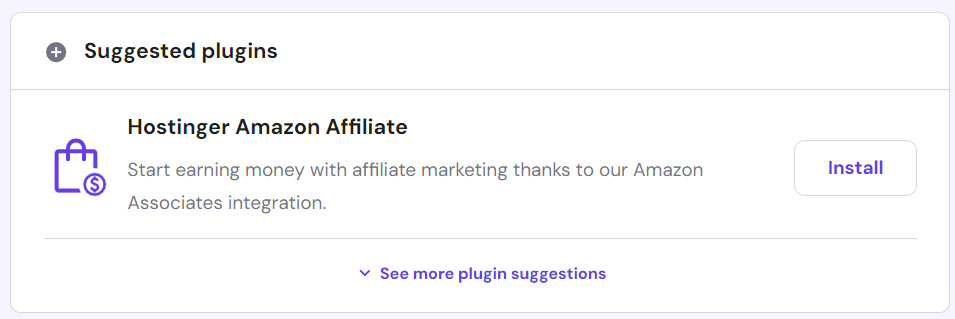 Hostinger Amazon Affiliate Plugin in hPanel's Suggested plugins section