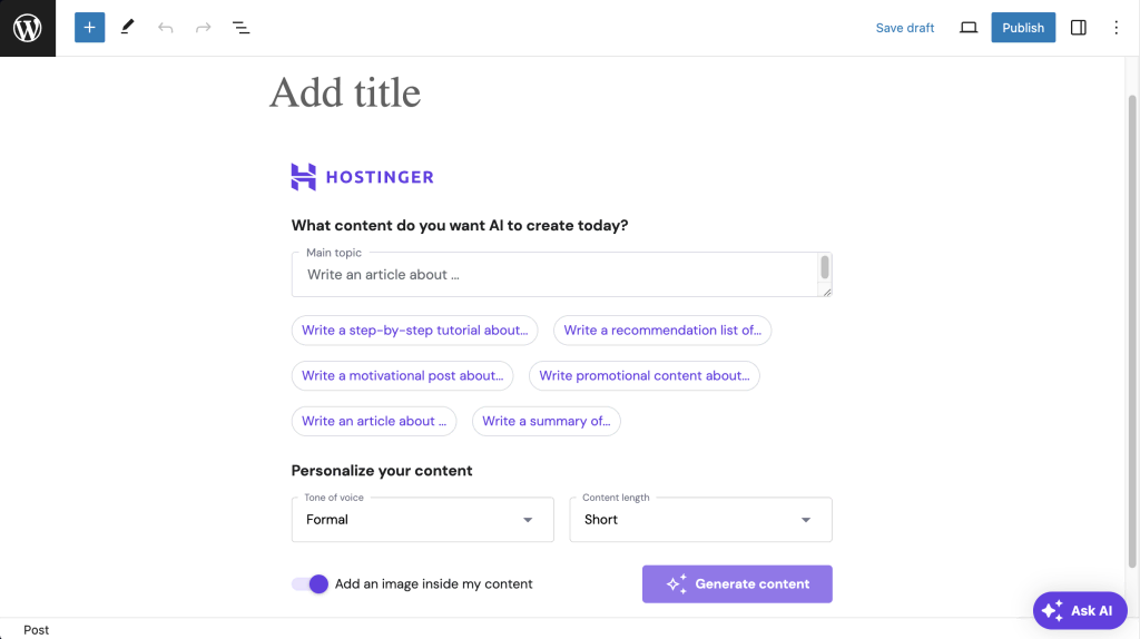 استفاده از Hostinger AI Content Creator در ویرایشگر بلوک گوتنبرگ.