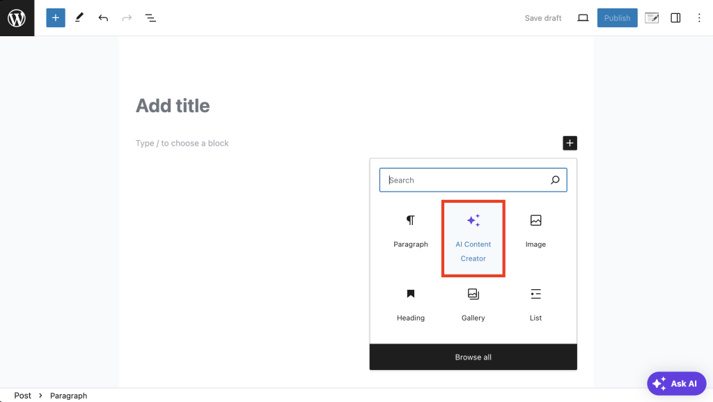Hostinger AI Content Creator در ویرایشگر بلوک گوتنبرگ.