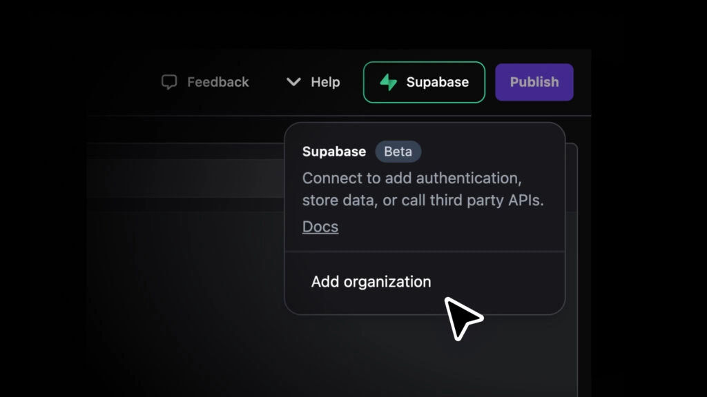 Detail image of Supabase integration built into the Hostinger Horizons interface.