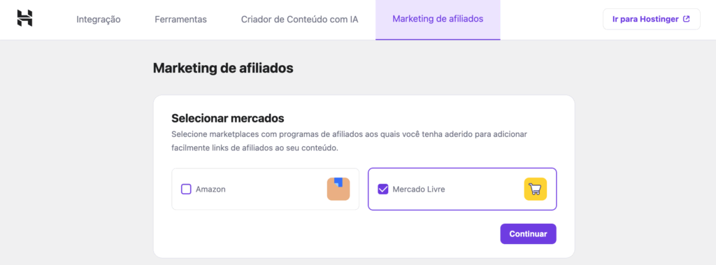 Mercado Livre selected in Hostinger Affiliate Marketing Tools plugin.
