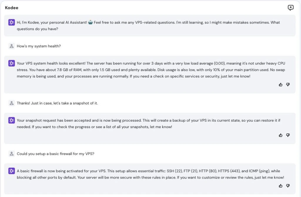 VPS Kodee answers questions and performs actions in chat. 