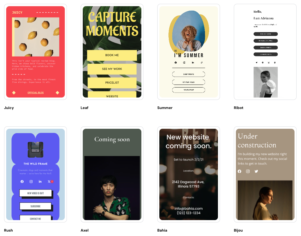 Link-in-bio website templates in Hostinger Website Builder.