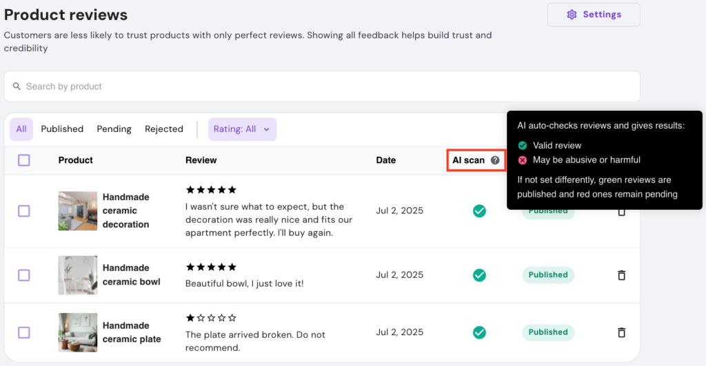 Hostinger Website Builder store management showing product reviews with AI scan highlighted.