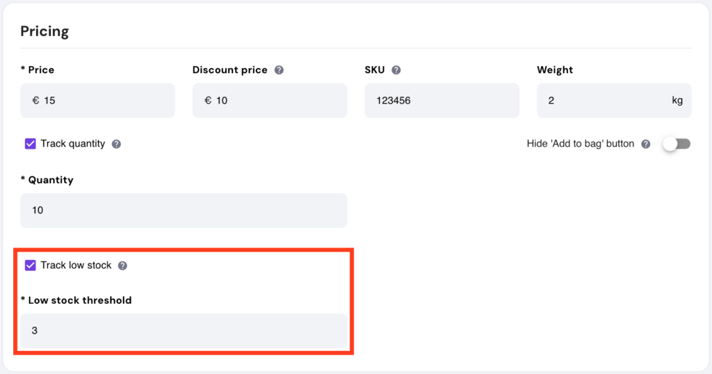 Store management in Hostinger Website Builder with Track low stock highlighted.