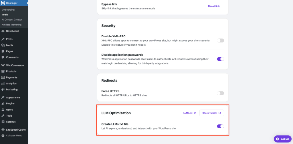 Hostinger Tools plugin in WordPress admin dashboard with LLM Optimization highlighted.