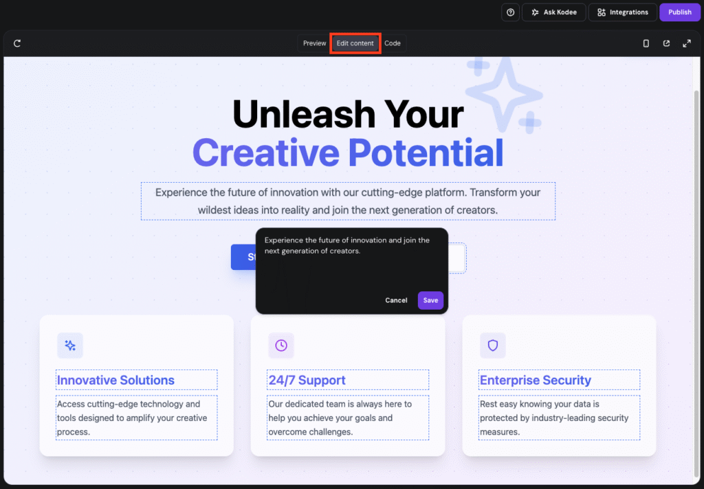 Edit content highlighted in Hostinger Horizons.