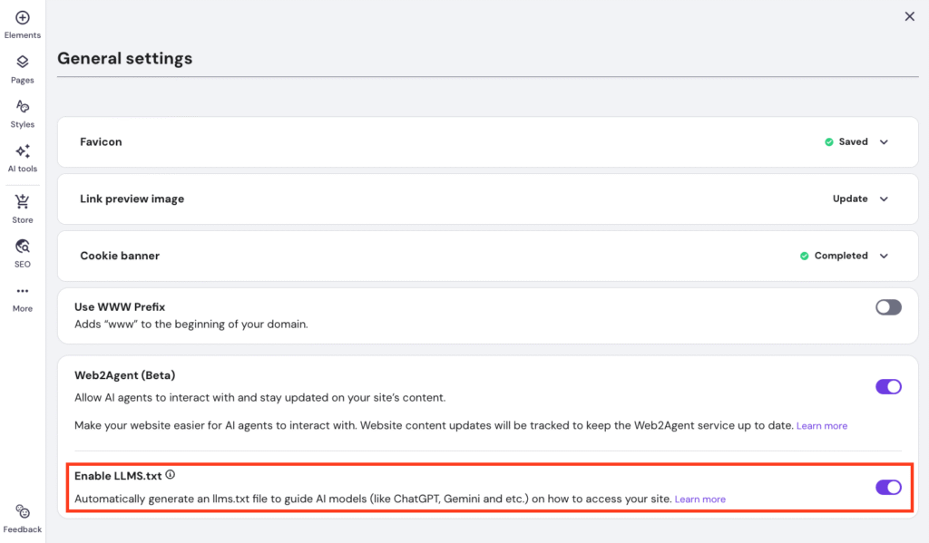 Enable LLMS.txt highlighted in Hostinger Website Builder settings. 