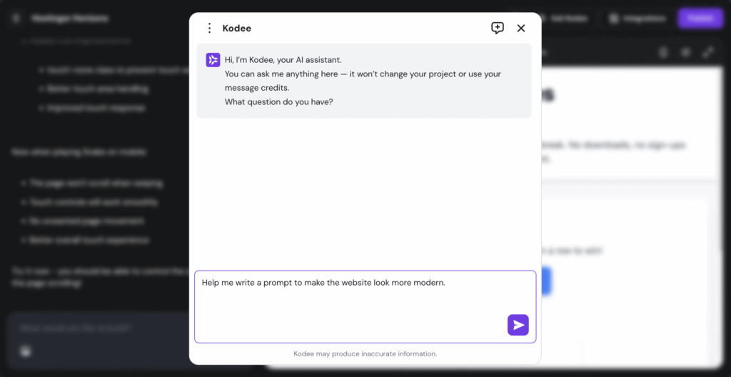 Kodee in Hostinger Horizons.
