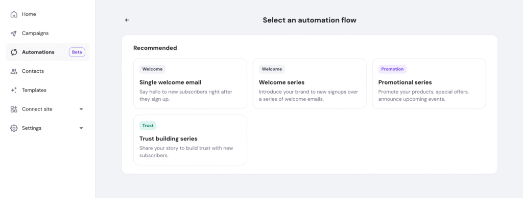 Email automation flows in Hostinger Reach. 