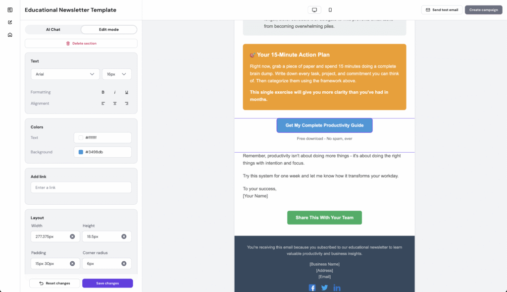Email editor in Hostinger Reach. 