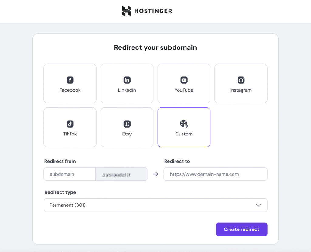 Subdomain redirect options. 