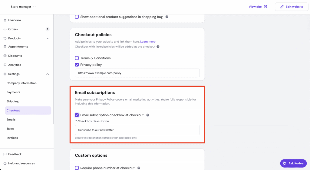 Email subscriptions highlighted in Hostinger Website Builder. 