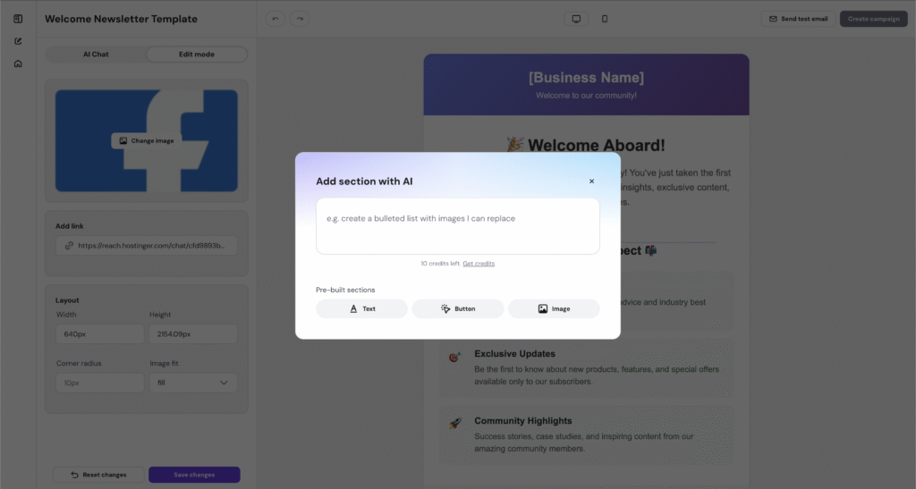 Add section with AI in Hostinger Reach. 