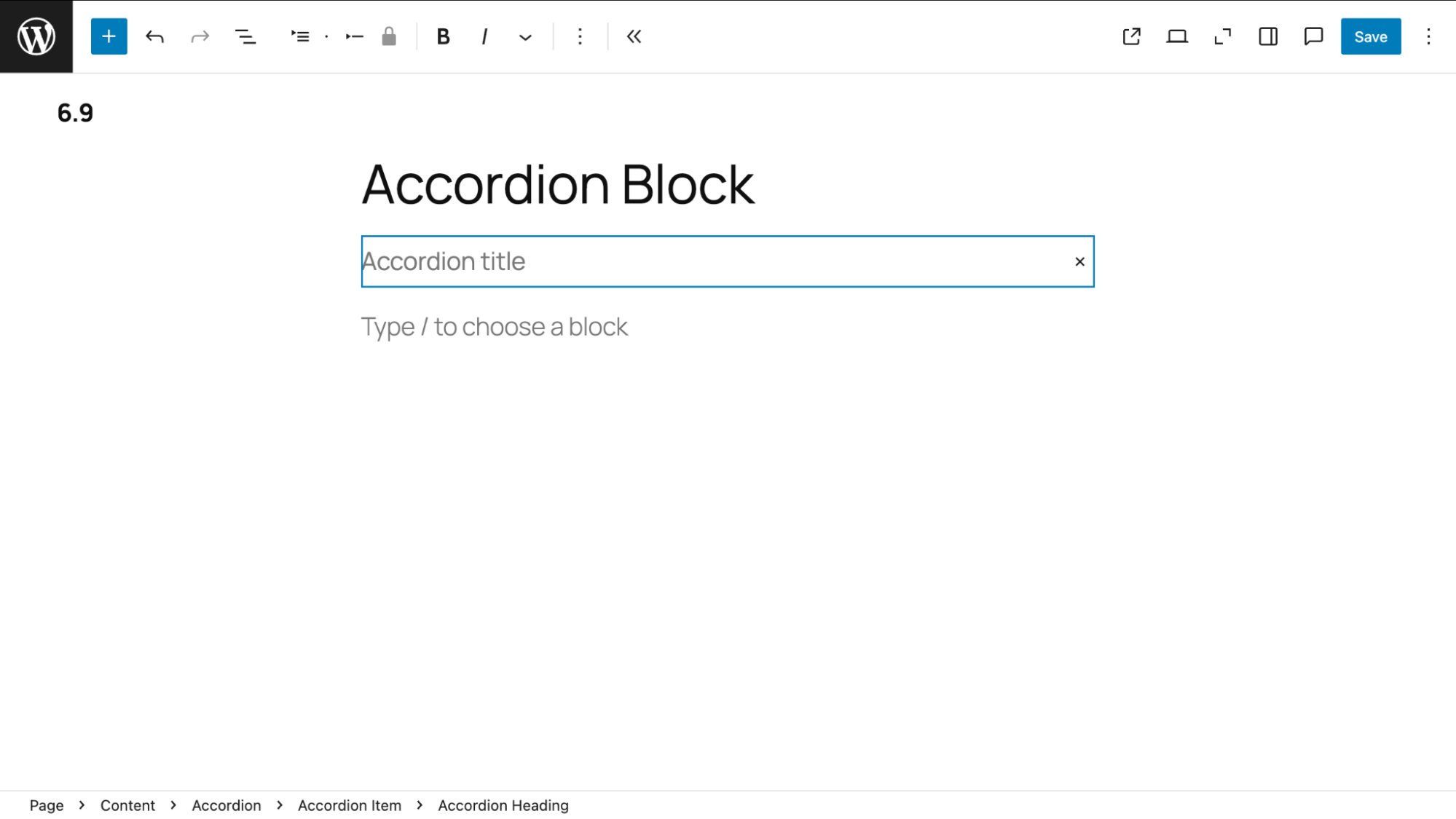 An Accordion block in the block editor, showing the list view that displays the Accordion block structure