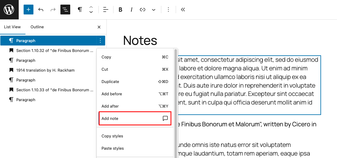 Paragraph block options menu in the list view with the "Add note" option highlighted
