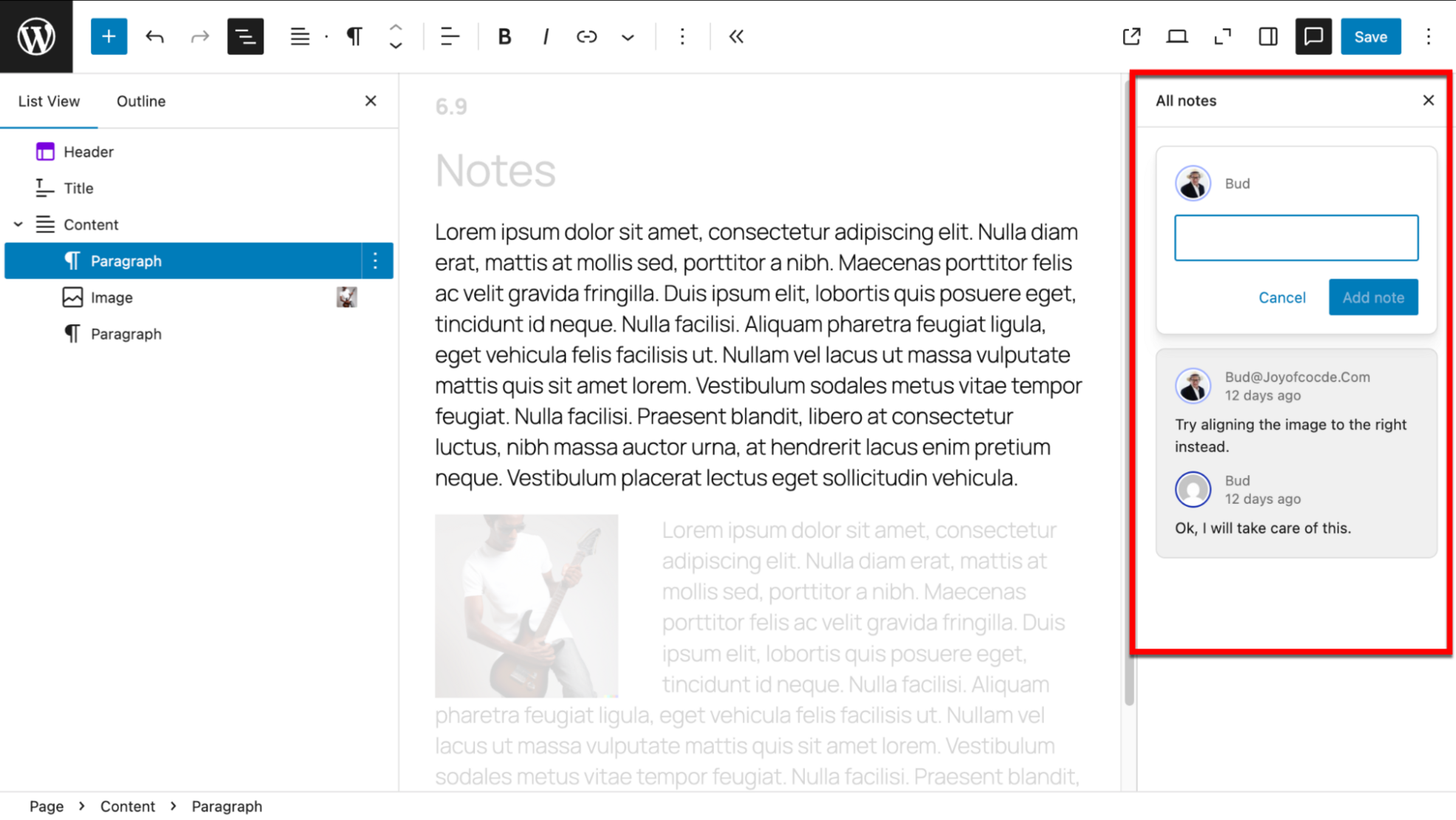 The block note threads on the right side of the editor panel